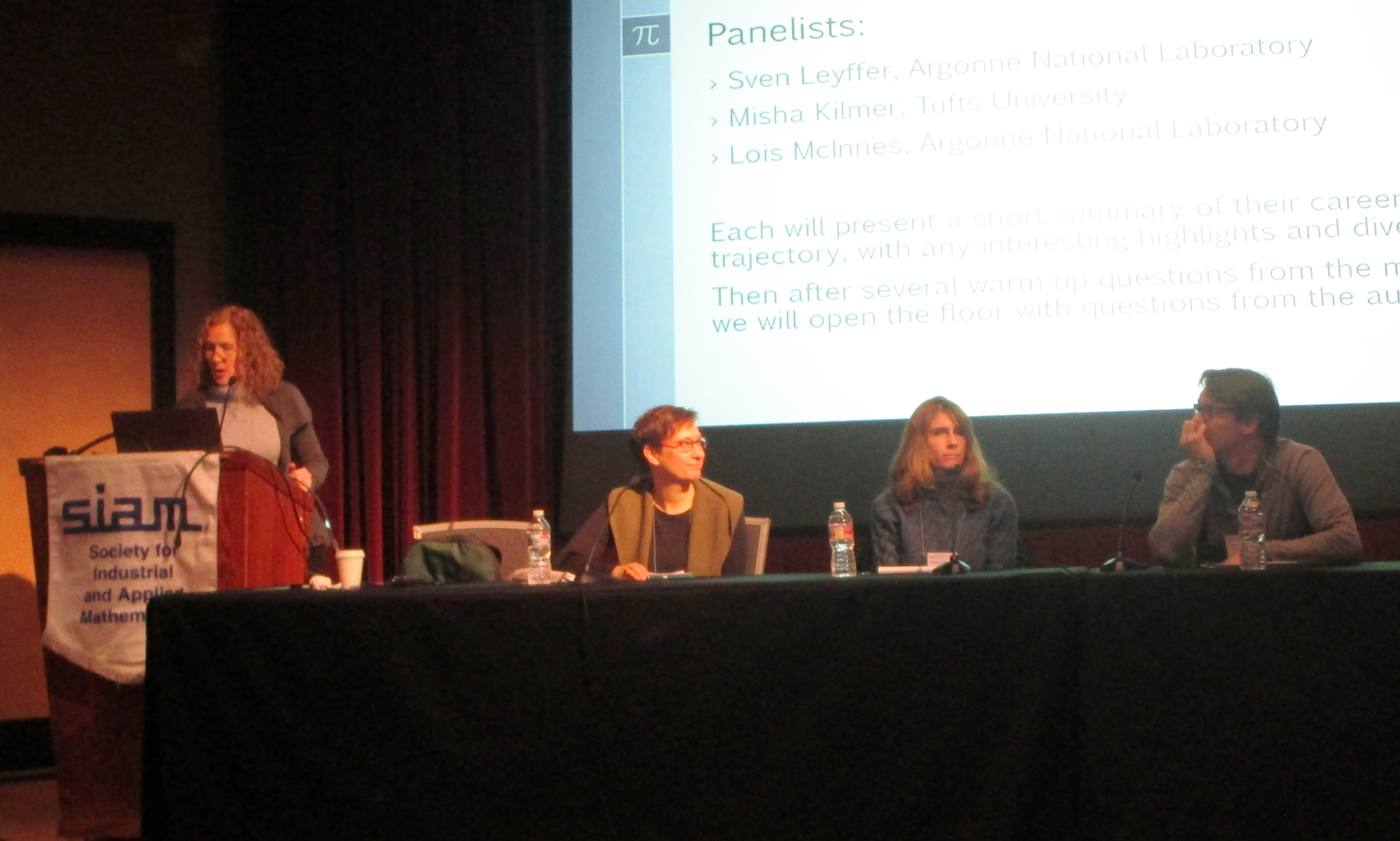 A mid-career panel discussion at the 2019 SIAM Conference on Computational Science and Engineering, which took place earlier this year in Spokane, Wash., addressed pressures and opportunities that manifest at the midpoint of one’s career. From left: panel moderator Katherine J. Evans (Oak Ridge National Laboratory), Lois Curfman McInnes (Argonne National Laboratory), Misha E. Kilmer (Tufts University), and Sven Leyffer (Argonne National Laboratory). SIAM photo.