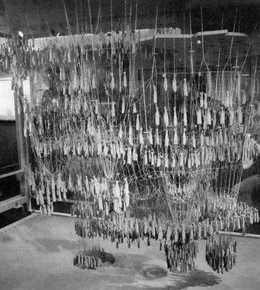 Gaudí’s designs for La Sagrada Familia, Hahn says, “relied on careful and elaborate studies of complex systems of loaded strings.” One of his models is shown here. Photo by Cleftref.