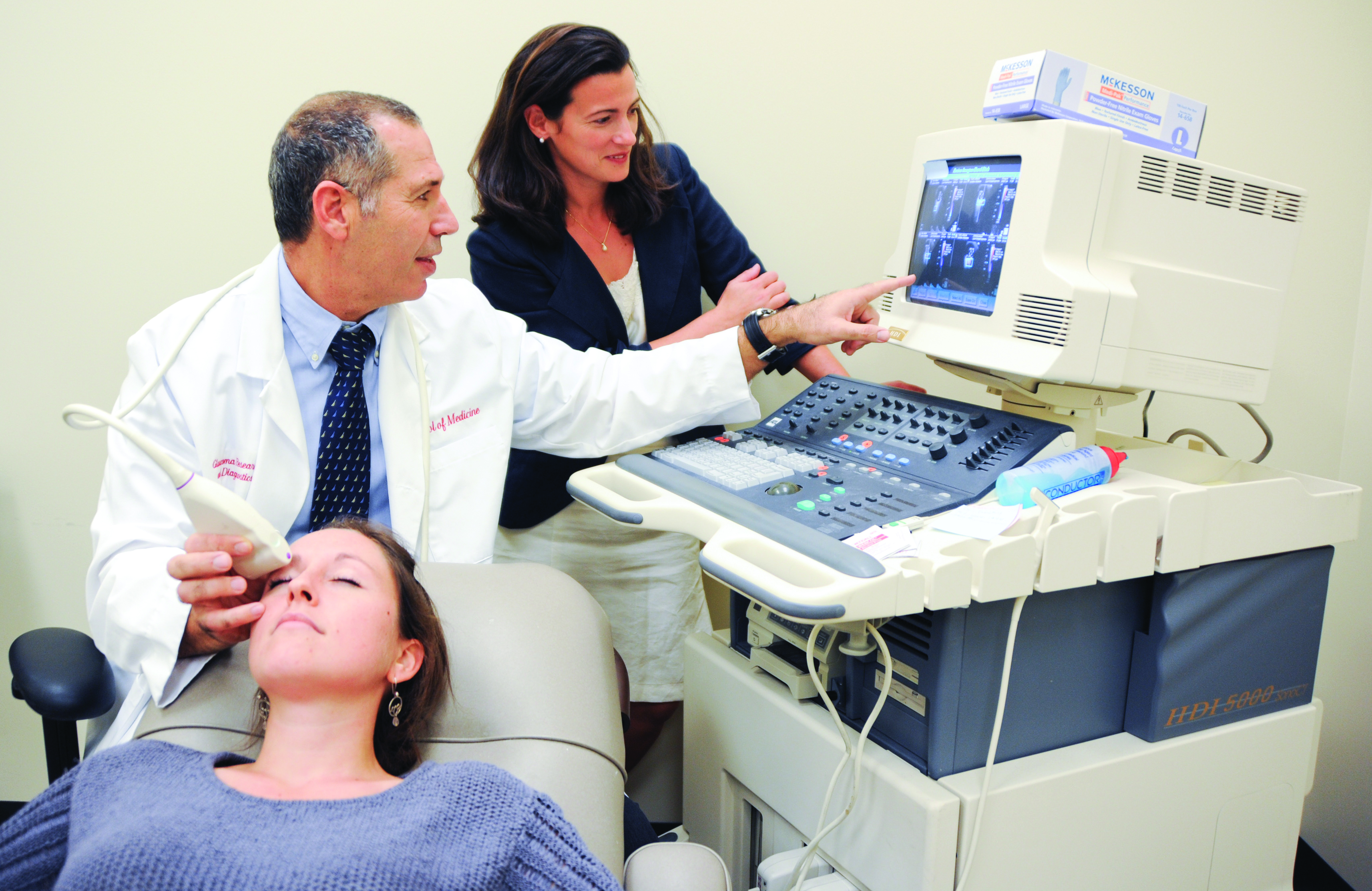 During her time at Indiana University–Purdue University Indianapolis (IUPUI), Giovanna Guidoboni (right) and Alon Harris of the Indiana University School of Medicine used ultrasound technology to measure blood flow in the eye and ultimately model risk factor behavior in diseases like glaucoma and diabetes. Photo by School of Science at IUPUI.