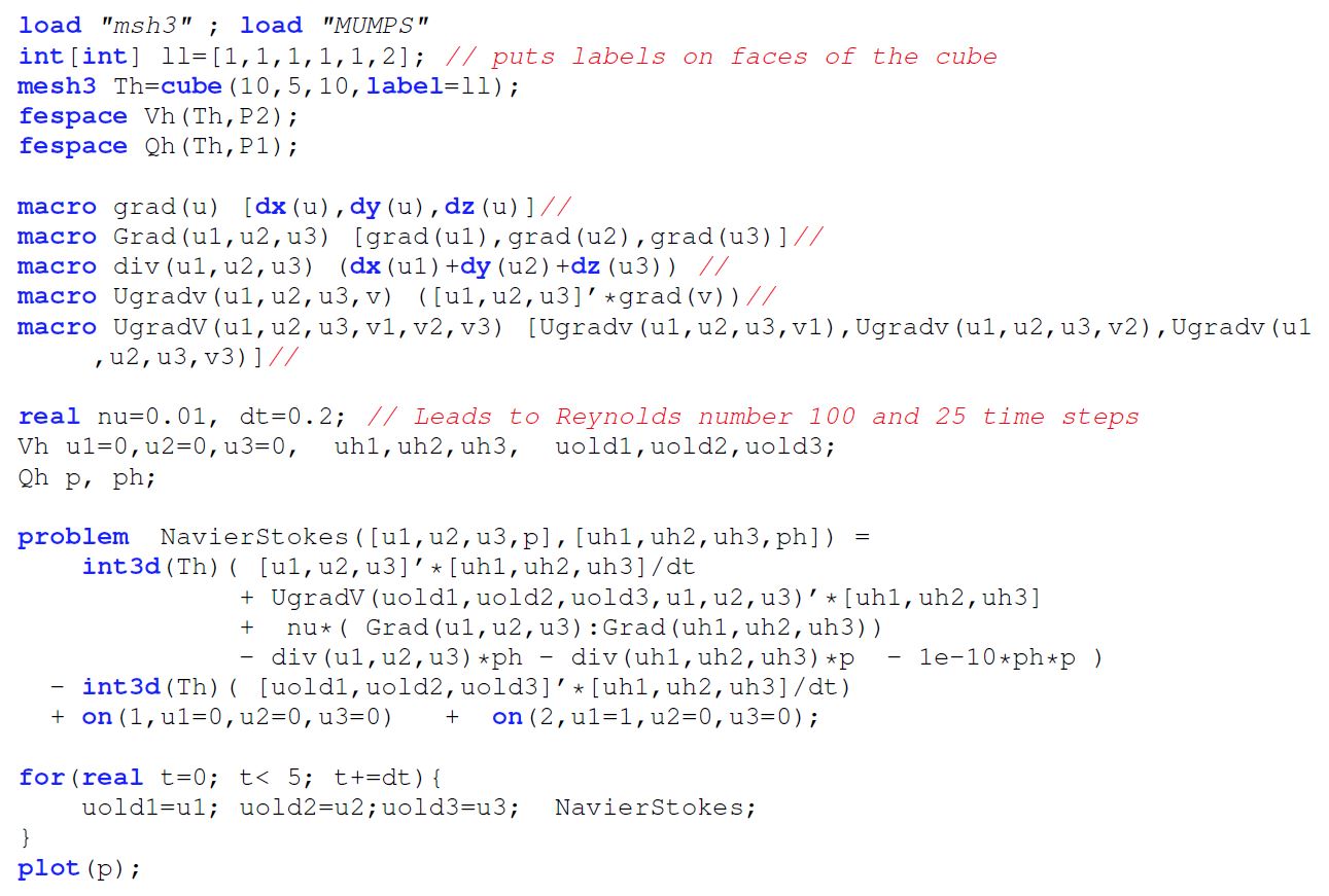 &lt;strong&gt;Figure 2.&lt;/strong&gt; Freefem++ code for the Navier-Stokes equations in 3D.