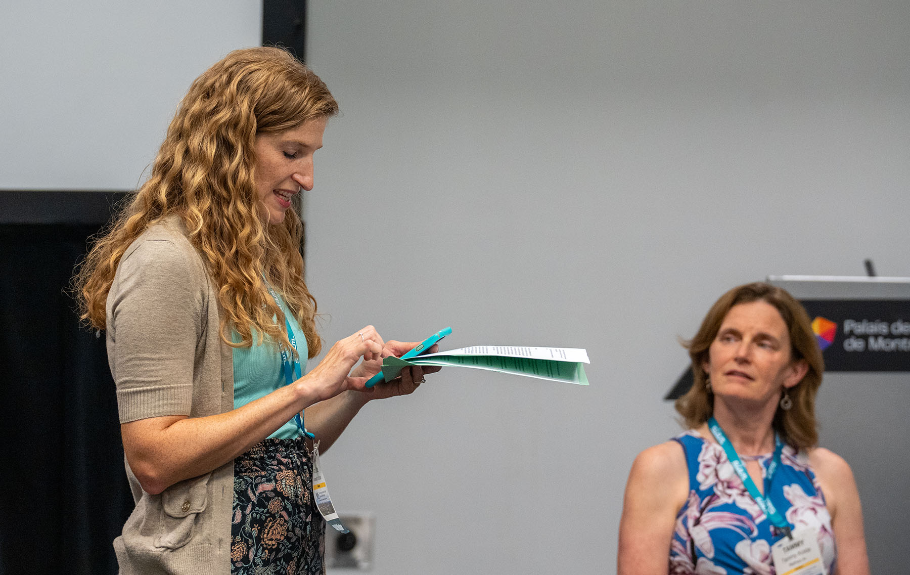 During a data science panel that was hosted by the Association for Women in Mathematics at the Third Joint SIAM/CAIMS Annual Meetings—which were held in Montréal, Québec, Canada, this past summer—moderator Anna Little of the University of Utah (left) leads the career-focused discussion while panelist Tammy Kolda of MathSci.ai looks on. SIAM photo.