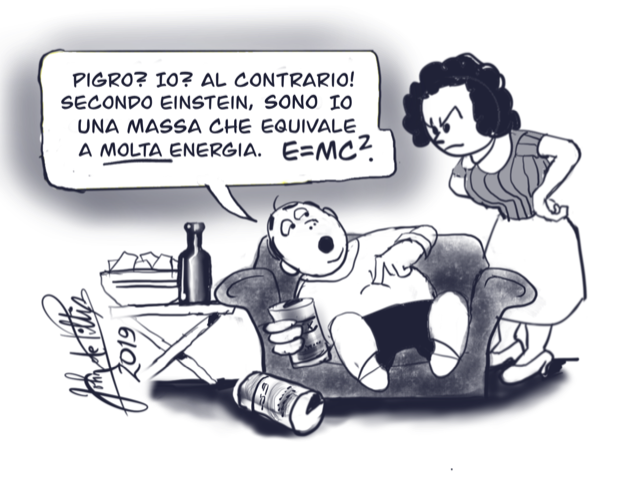 “&lt;em&gt;Lazy? Me? On the contrary! According to Einstein, I am a mass, which equates to &lt;strong&gt;a lot&lt;/strong&gt; of energy&lt;/em&gt;.” John dePillis created and presented this cartoon as part of his talks at four Italian universities on the occasion of the 500th anniversary of Leonardo da Vinci’s death.