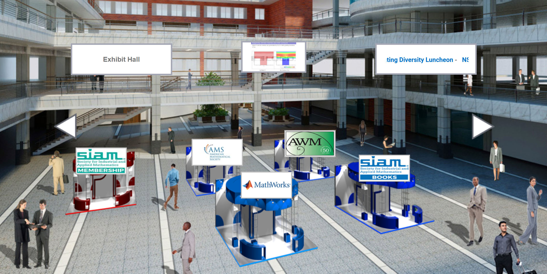 <strong>Figure 2.</strong> Exhibitors at the virtual Second Joint SIAM/CAIMS Annual Meeting (AN20), which took place this July, occupy space in the exhibit hall.