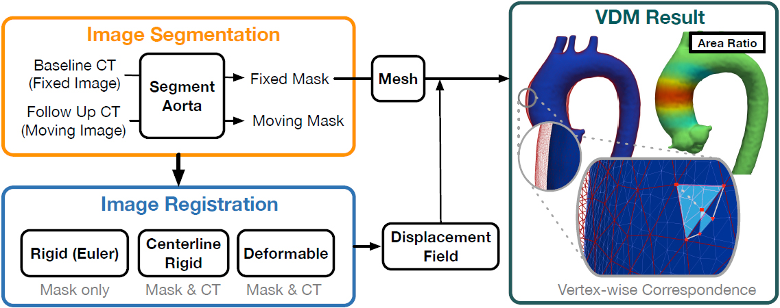 &lt;strong&gt;Figure 1.&lt;/strong&gt; Simplified schematic overview of the vascular deformation mapping (VDM) analysis pipeline. Computed tomography (CT) data undergo aortic segmentation (orange box), followed by rigid and deformable registration (blue box). Researchers use the displacement field \(\phi\), which is calculated from the deformable registration, to translate the mesh vertices of the baseline model (blue surface) to the aortic geometry at follow up (red mesh). The ratio of change in the surface area of each mesh element (area ratio) is plotted on the aortic surface via a colorized scale. Figure courtesy of [3].