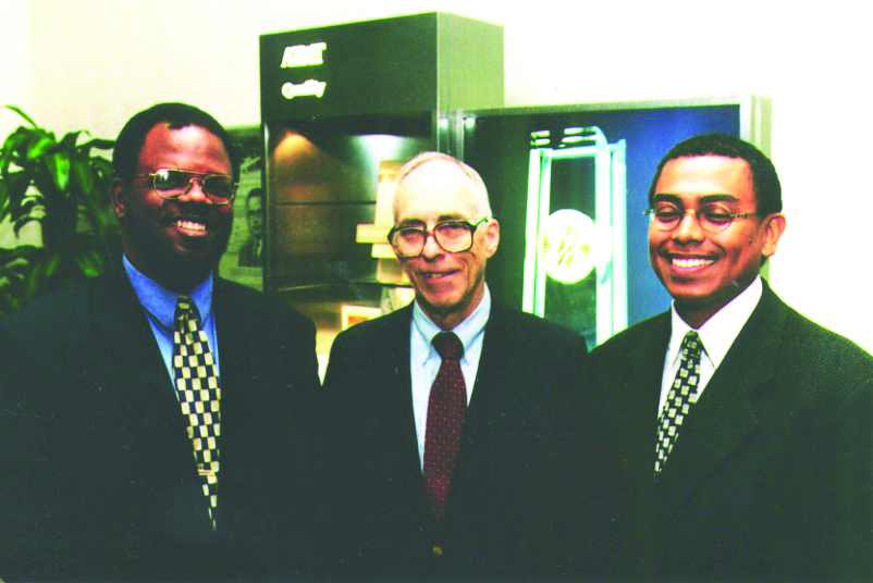 From left to right: William A. Massey (Princeton University) with “grandmentor” Jim McKenna and Jim’s “grandmentee” Arlie O. Petters (Duke University) at the Mentoring for Success Symposium, which took place at the AT&amp;T Learning Center in April 1998. Photo courtesy of William Massey.