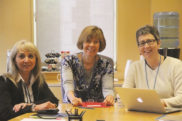 Three strong believers in the importance of the International Congress on Industrial and Applied Mathematics took a break during the most recent meeting of the ICIAM board to discuss their activities and the experiences they envision for those who attend ICIAM 2015, in Beijing. From left, SIAM president Irene Fonseca of Carnegie Mellon University, ICIAM president Barbara Keyfitz of Ohio State University, and ICIAM president-elect Maria Esteban of the applied mathematics research center CEREMADE, at the University of Paris–Dauphine.