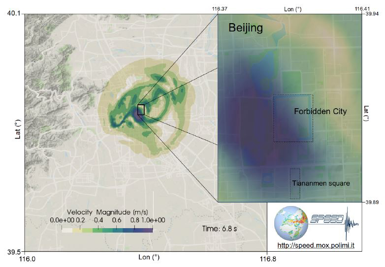 &lt;strong&gt;Figure 3.&lt;/strong&gt; Snapshots of the peak ground velocity obtained for a 6.5 Mw scenario. Figure courtesy of Ilario Mazzieri.