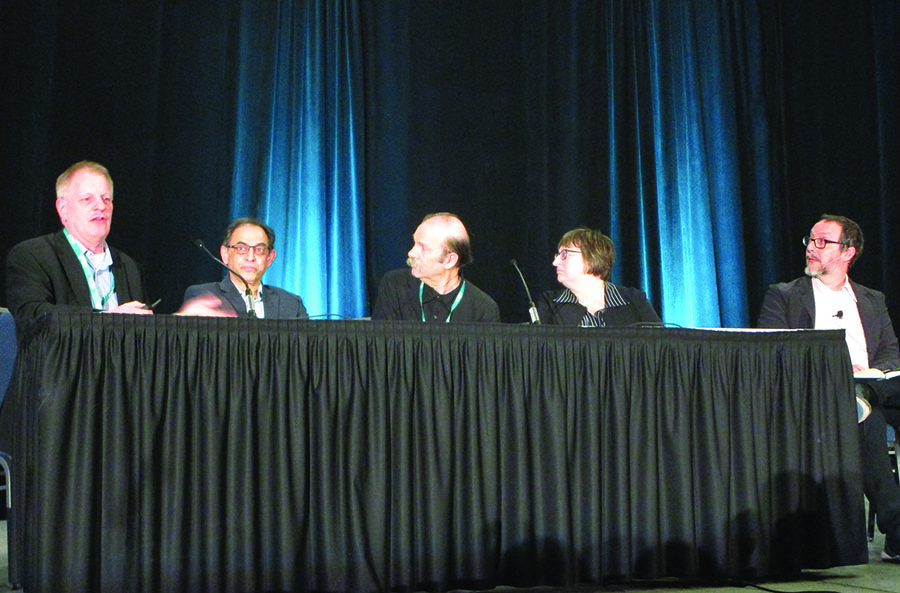 A group of researchers shared their thoughts and experiences with responsible artificial intelligence during a panel session at the 2025 SIAM Conference on Computational Science and Engineering, which took place in Fort Worth, Texas, this past March. From left to right: Eric Stahlberg of MD Anderson Cancer Center, Manish Parashar of the University of Utah, Moshe Vardi of Rice University, Patricia Kovatch of the Icahn School of Medicine at Mount Sinai, and moderator David Bindel of Cornell University. SIAM photo.