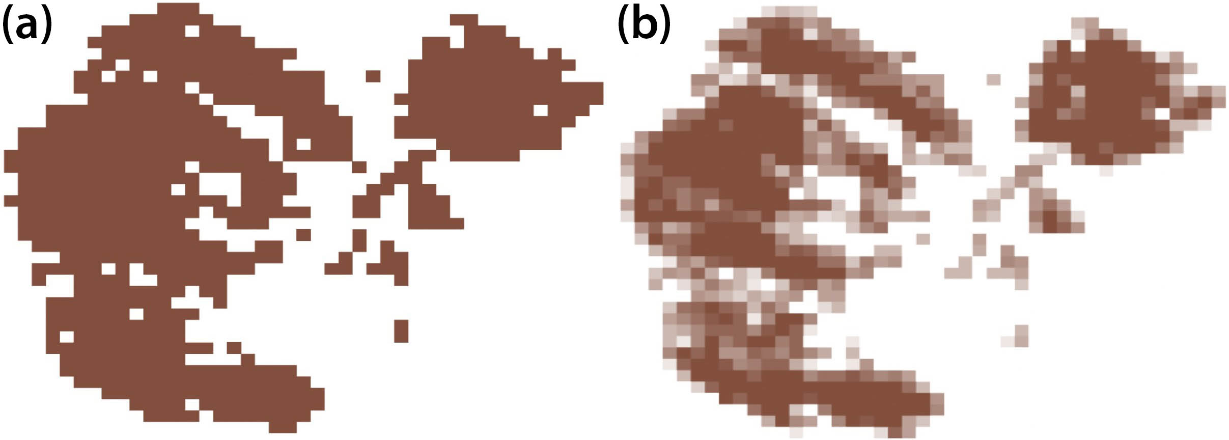 <strong>Figure 3.</strong> While a single Landsat image provides a binary mask that indicates detected guano <strong>(3a)</strong>, the use of repeated images over the course of the season allows us to estimate the percentage of each pixel that is covered in guano <strong>(3b)</strong>. This estimation forms the input to our molecular dynamics model for shape reconstruction. Figure courtesy of Carole Hall.