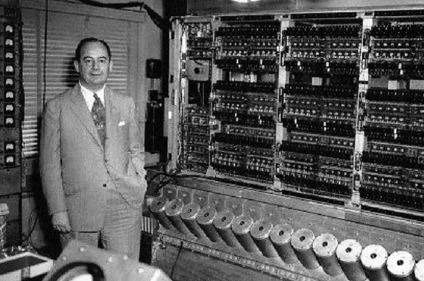 John von Neumann poses with the first computer at the Institute for Advanced Study (IAS) in Princeton, NJ. Photo courtesy of the Archives of the IAS.