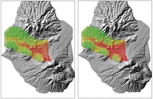 Probabilistic hazard maps for the Belham Valley on the island of Montserrat generated with the hazard-assessment strategy described in the article. The color map, from red to green, represents probabilities from 1 to 0 of inundation from a pyroclastic flow over the next 2.5 years. Probabilities were calculated at the map points marked with circles. The two sets of calculations use the same set of 2048 TITAN-2D runs, with O(105) Monte Carlo samples for each map point. A uniform distribution (left) and a delta distribution to the north/northwest (right) are used to describe aleatoric variability in the initiation angle; the distributions describing variability in frequency and flow volume of events were identical for the two cases. Once emulators are constructed, producing these hazard maps takes roughly five minutes on a cluster.