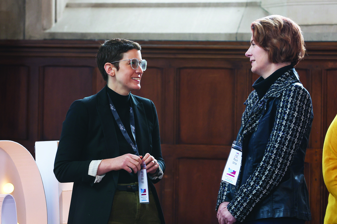 Abby Addy, SIAM’s Director of Development and Corporate Relations (left), converses with SIAM Membership Manager Paula White during the “Mobilizing the Power of Diversity: Celebrating 25 Years of EDGE” event, which took place in October 2023 at Bryn Mawr College. SIAM was a sponsor of this two-day gathering. Photo courtesy of Paola Nogueras and the EDGE Program.