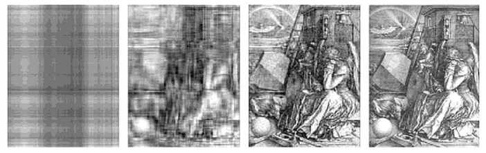 The closest rank 1 (far left) and rank 10 (second from left) approximations to the images of the Dürer print shown in the two right-hand images, one of which is the closest rank 50 approximation and the other the original print. Can you tell which is which? Image credit: Figure 9.2 in <em>When Life Is Linear</em>.