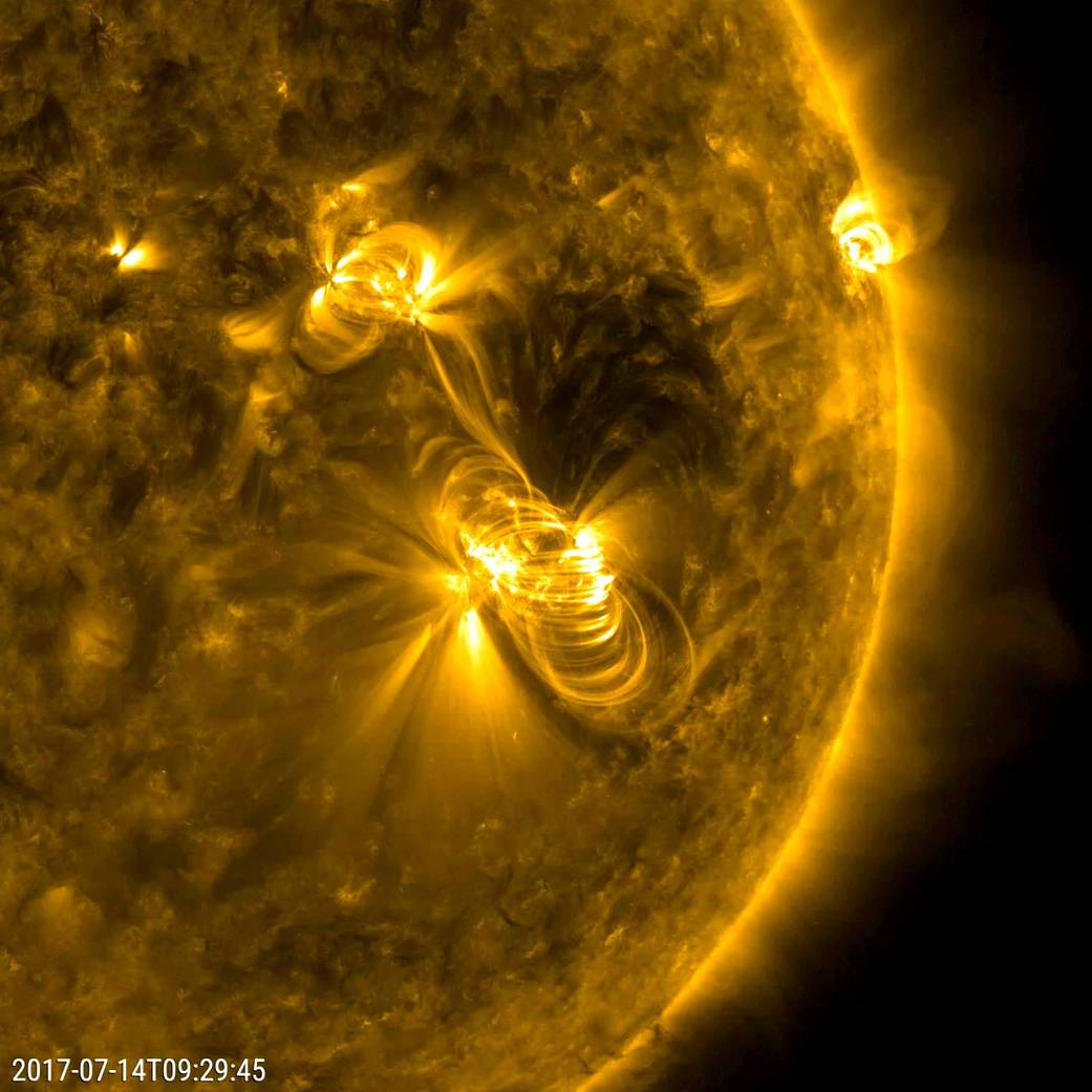 <strong>Figure 1.</strong> A medium-sized solar flare that occurred on July 14, 2017. Figure courtesy of <a href="https://www.nasa.gov/image-feature/july-14-solar-flare-and-a-coronal-mass-ejection" rel="noopener noreferrer" target="_blank">NASA/GSFC/Solar Dynamics Observatory</a> and the AIA, EVE, and HMI science teams.