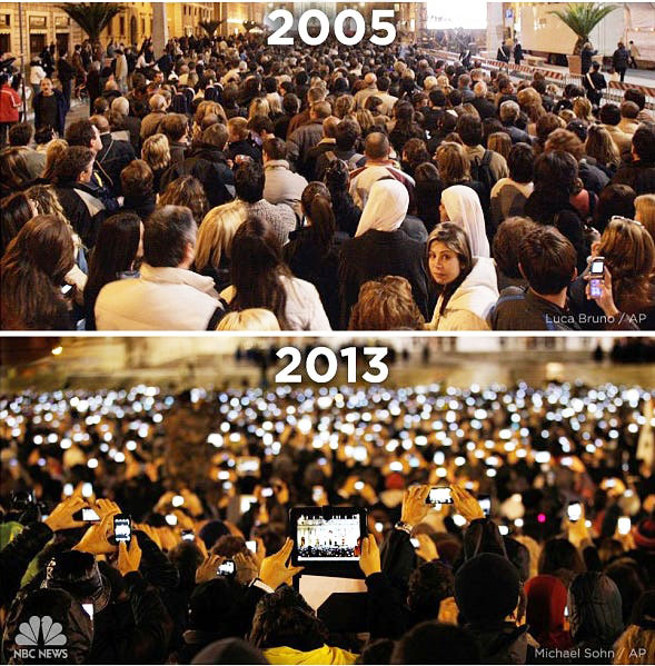 <strong>Figure 1.</strong> The disparity between crowds at Saint Peter’s Square in Vatican City when Pope Benedict XVI was announced in 2005 and when Pope Francis was announced in 2013. Image courtesy of NBC News.