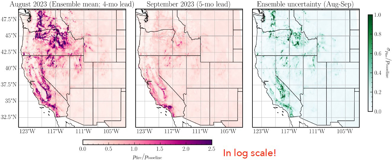 &lt;strong&gt;Figure 1.&lt;/strong&gt; Forecasted fire probability as compared to the baseline for August and September 2023, as well as the ensemble uncertainty for that time period. Figure courtesy of Jatan Buch.