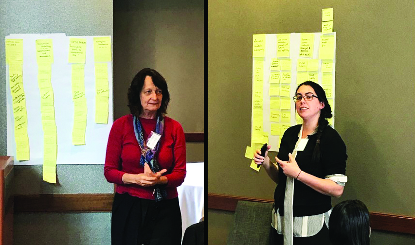 Ami E. Radunskaya of Pomona College (left) and Marisa Eisenberg of the University of Michigan (right) present ideas, suggestions, and feedback on strategic priority areas of mathematical biology at the “Rules of Life in the Context of Future Mathematical Sciences” workshop. Photos courtesy of Padmanabhan Seshaiyer.