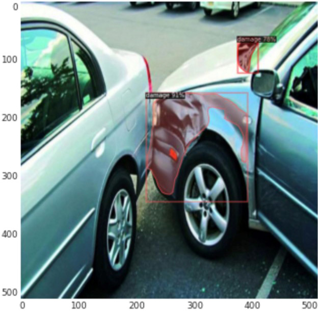 <strong>Figure 1.</strong> Our automated classification and damage detection system can provide two damage locations with accuracy values of 91 percent (large square) and 78 percent (smaller rectangle on right windshield). Image courtesy of the Thai General Insurance Association.