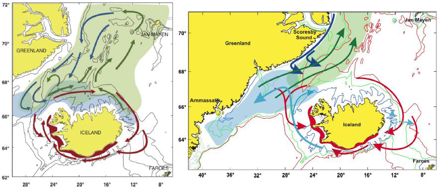 &lt;strong&gt;Figure 1.&lt;/strong&gt; Capelin migrations before 2000 (left) and after 2000 (right). Feeding migrations are in green, spawning migrations are in red, and new drift of larvae are in blue. Blue regions denote distribution of juveniles. Figure courtesy of [2].