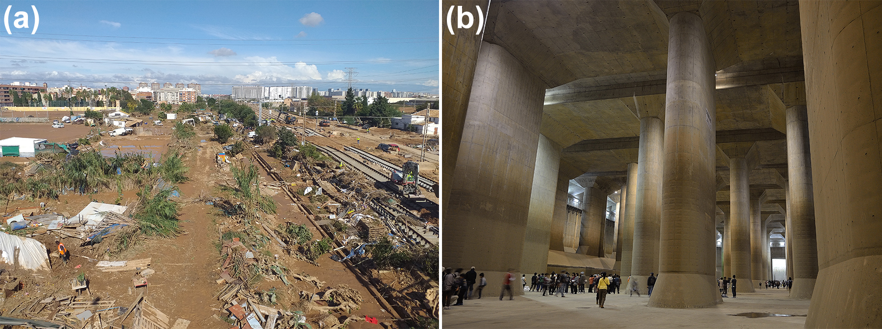 &lt;strong&gt;Figure 1.&lt;/strong&gt; Preventative measures can mitigate the impact of flash floods. &lt;strong&gt;1a.&lt;/strong&gt; Flash flood damage in Valencia, Spain, in 2024. &lt;strong&gt;1b.&lt;/strong&gt; The Metropolitan Area Outer Underground Discharge Channel in Kasukabe, Saitama, Japan, which relieves waterway overflow during heavy rain events. Figure 1a courtesy of &lt;a href=&quot;https://commons.wikimedia.org/wiki/File:2024-11-02_Voluntaris_per_netejar_cam%C3%AD_de_Sedav%C3%AD_05.jpg&quot; target=&quot;_blank&quot;&gt;Pacopac/Wikimedia Commons&lt;/a&gt; via the &lt;a href=&quot;https://creativecommons.org/licenses/by-sa/4.0/deed.en&quot; target=&quot;_blank&quot;&gt;Creative Commons Attribution-Share Alike 4.0 International (CC BY-SA 4.0)&lt;/a&gt; license, and Figure 1b courtesy of &lt;a href=&quot;https://commons.wikimedia.org/wiki/File:Geofront_Temple%5E_%E9%A6%96%E9%83%BD%E5%9C%8F%E5%A4%96%E9%83%AD%E6%94%BE%E6%B0%B4%E8%B7%AF_-_panoramio.jpg&quot; target=&quot;_blank&quot;&gt;AMANO Jun-ichi/Wikimedia Commons&lt;/a&gt; via the &lt;a href=&quot;https://creativecommons.org/licenses/by/3.0/deed.en&quot; target=&quot;_blank&quot;&gt;Creative Commons Attribution 3.0 Unported (CC BY 3.0)&lt;/a&gt; license.