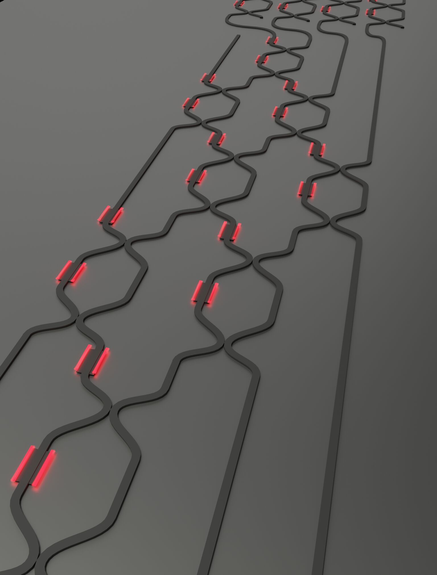 &lt;strong&gt;Figure 1.&lt;/strong&gt; A visualization of the optical channels in a nanophotonic chip that performs matrix multiplications, which are critical to deep learning techniques in artificial intelligence. Image credit: Nicholas Harris.