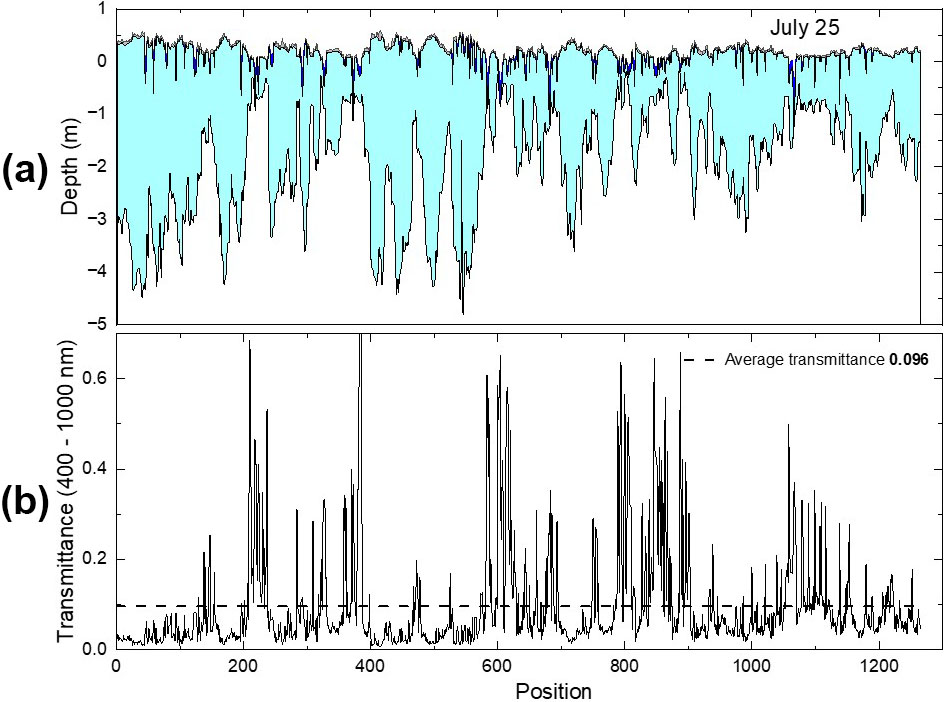 <strong>Figure 2.</strong> Spatial variability of the physical properties and light transmittance of sea ice. <strong>2a.</strong> Profile of ice thickness and surface conditions along a transect from the MOSAiC research expedition. Light blue indicates ice, dark blue denotes water, and gray specifies the surface scattering layer. <strong>2b.</strong> Profile of calculated transmittance along the transect. The dashed line marks the average transmittance. Figure courtesy of the author.
