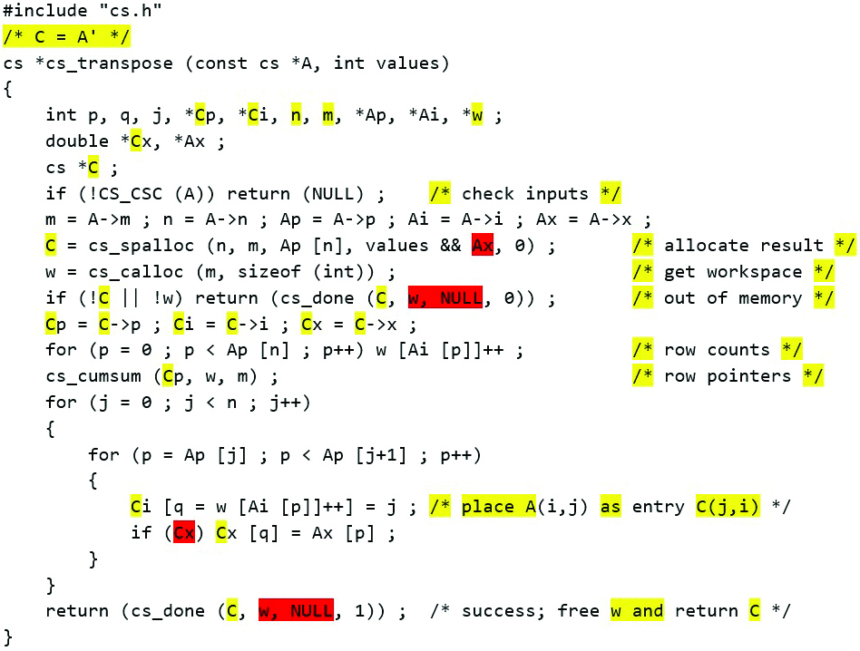 &lt;strong&gt;Figure 1.&lt;/strong&gt; The original function &lt;span style=&quot;font-family:&#x27;Courier New&#x27;&quot;&gt;cs_transpose&lt;/span&gt; from CSparse v2.0.1, ©2006 Timothy Davis. The yellow and red highlights identify areas that were subsequently altered in Copilot’s version of the code. Figure courtesy of Tim Davis.