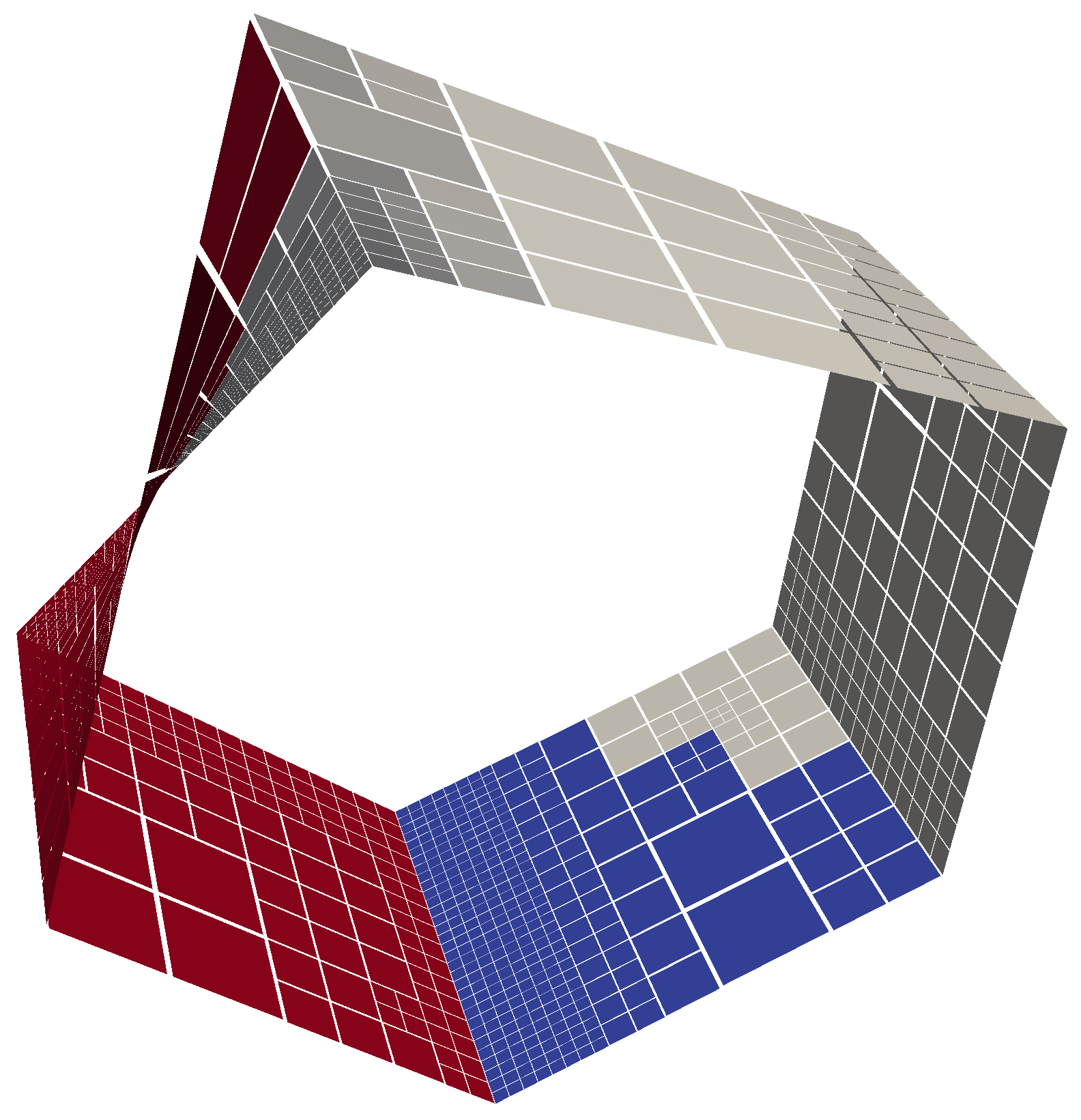 &lt;strong&gt;Figure 1.&lt;/strong&gt; An adaptive mesh for the two-dimensional Moebius strip embedded in three-dimensional space. We have executed the 2:1 balance algorithm, which limits the size difference between neighboring leaf quadrants. The color encodes a \(\pm1\) leaf partition on three MPI ranks. Figure courtesy of [4].