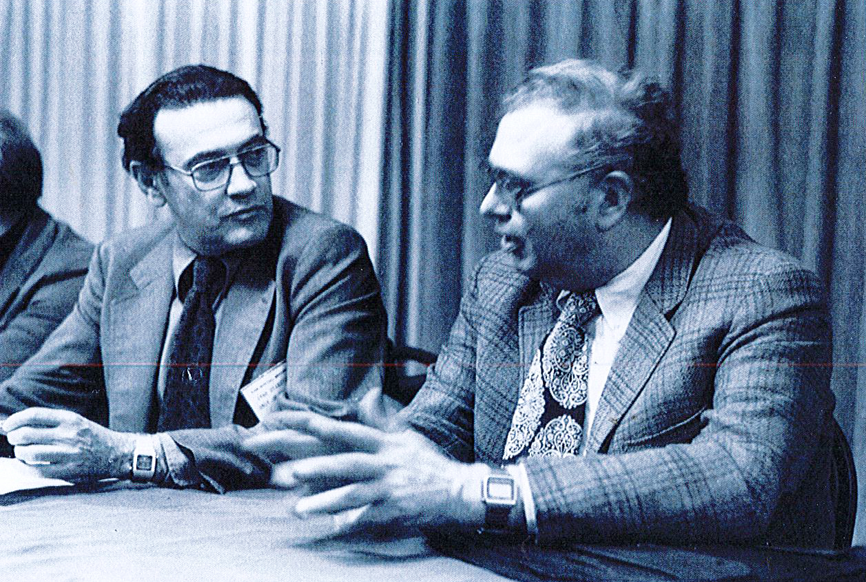 Ivar Stakgold (left) with former SIAM president Gene Golub. SIAM photo.