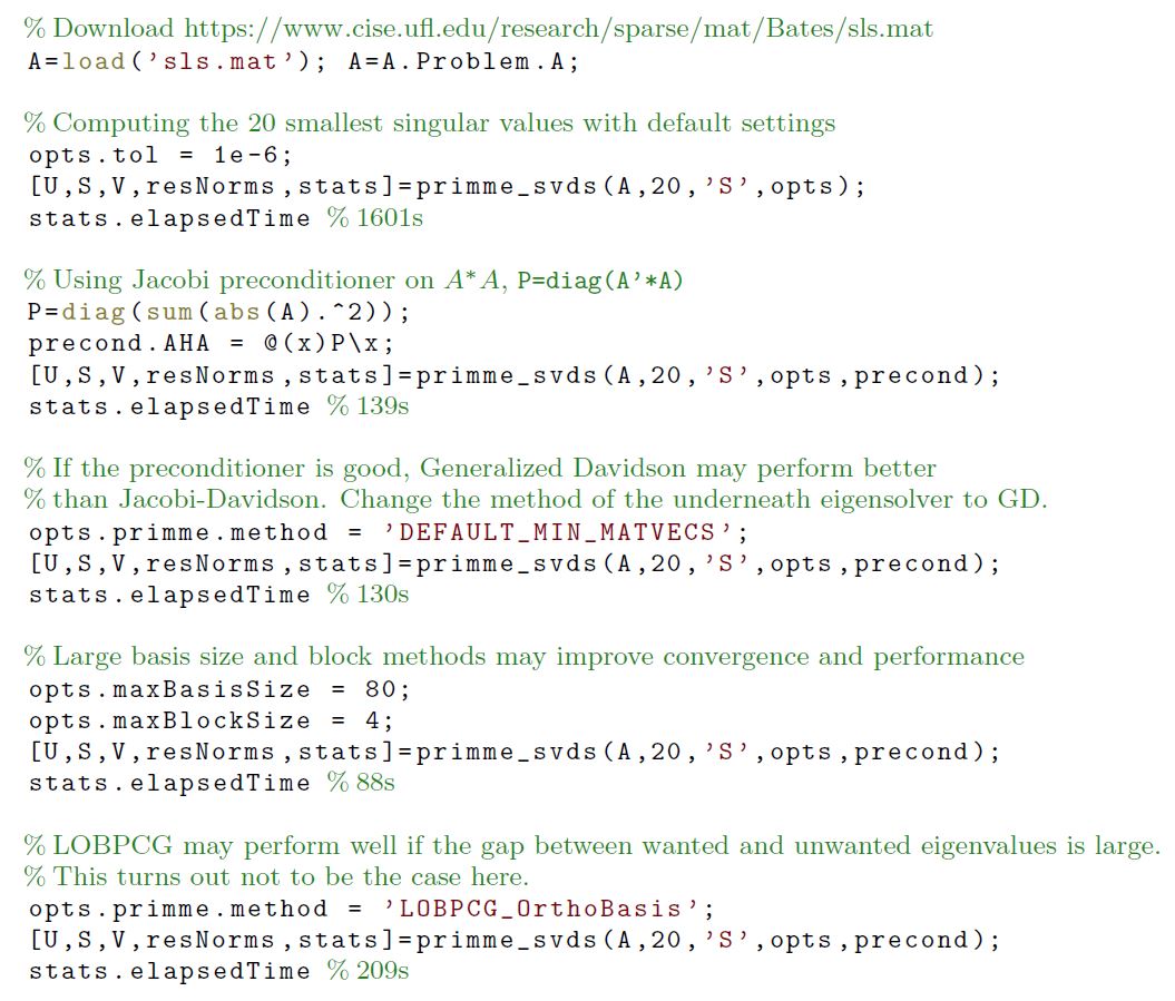 &lt;strong&gt;Figure 2.&lt;/strong&gt; Various options for computing the 20 smallest singular values of sls. This is the second-largest matrix in number of nonzero elements of a least squares problem in the University of Florida Sparse Matrix Collection. Runtimes are reported on a machine with an Intel© CoreTM CPU i7-6700K and 16GiB of  physical memory. We could not run MATLAB’s svds because more than 16GiB is required to compute the sparse QR factorization, which MATLAB uses for inverse iteration on R&lt;sup&gt;−1&lt;/sup&gt;.