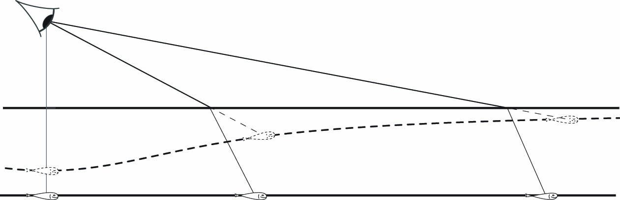 &lt;strong&gt;Figure 3.&lt;/strong&gt; The image (dotted) of a straight log on the bottom of the lake is an inverted bell-shaped curve whose asymptote is the surface of the water.