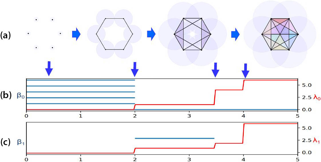 &lt;strong&gt;Figure 2.&lt;/strong&gt; Comparison of persistent homology (PH) [5, 14] and persistent Laplacians (PLs) [11] for six points. &lt;strong&gt;2a.&lt;/strong&gt; The filtration that is characterized by the horizontal axis \(r\) of six points. &lt;strong&gt;2b–2c.&lt;/strong&gt; The corresponding topological features of &lt;strong&gt;(2b)&lt;/strong&gt; dimension \(0\) and &lt;strong&gt;(2c)&lt;/strong&gt; dimension \(1\). PH barcodes—that is, \(\beta_0(r)\) and \(\beta_1(r)\)—are shown in blue, and the first nonzero eigenvalues of dimension \(0\) \((\lambda_0(r))\) and dimension \(1\) \((\lambda_1(r))\) of PLs are depicted in red. The harmonic spectra of PLs return all topological invariants of PH, whereas the non-harmonic spectra of PLs capture the additional homotopic shape evolution of PLs that are neglected by PH during filtration. Figure courtesy of Gengzhuo Liu.