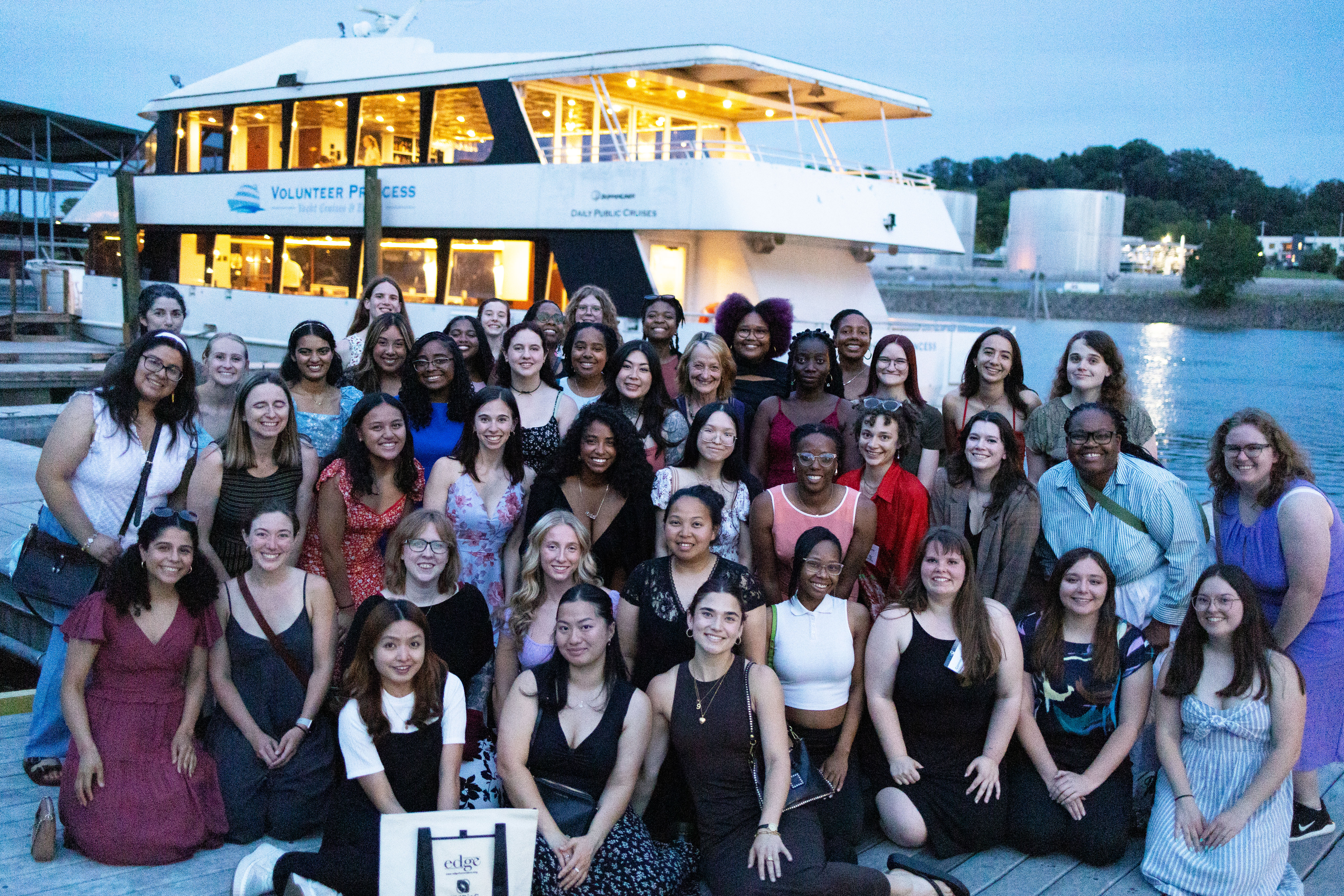During the 2025 Enhancing Diversity in Graduate Education (EDGE) Summer Program—which took place in June at the University of Tennessee, Knoxville—student participants, hosts, speakers, EDGE faculty and staff, and EDGE alumnae pose for a photo after the annual Reunion Weekend banquet. The group embarked on a dinner cruise along the Tennessee River to spend time together outside of the classroom and celebrate their achievements. Photo courtesy of Lily Farabaugh.