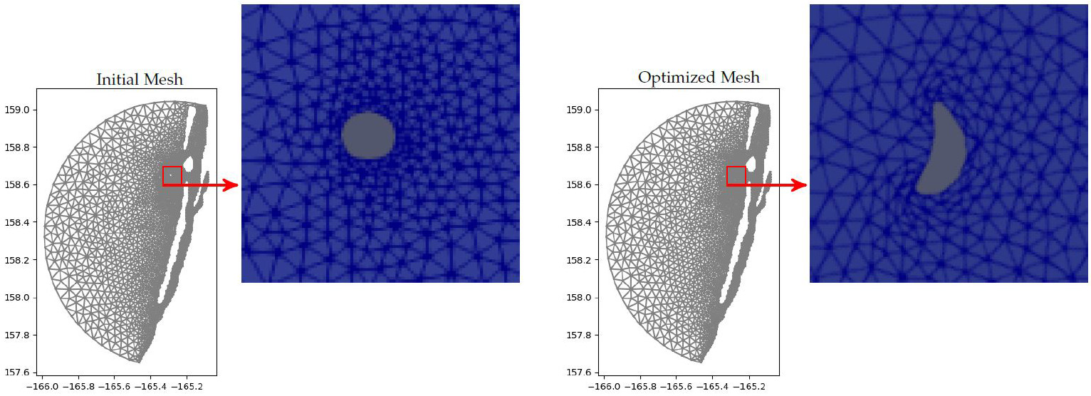 &lt;strong&gt;Figure 4.&lt;/strong&gt; Initial and optimized mesh and obstacle. Figure courtesy of [6].