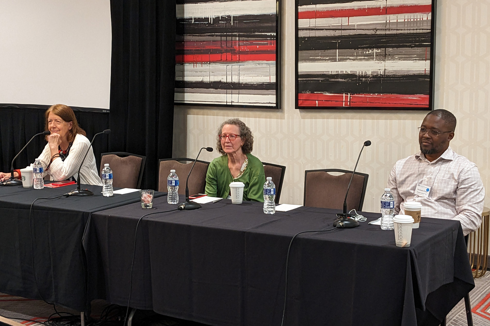 A panel at the 2023 SIAM Conference on Control and Its Applications, which took place in July in Philadelphia, Pa., discussed best practices to enhance the equity, diversity, and inclusivity of the control community. From left to right: panelists Bozenna Pasik-Duncan (University of Kansas), Suzanne Lenhart (University of Tennessee and National Institute for Mathematical and Biological Synthesis), and Moustapha Pemy (Towson University). SIAM photo.