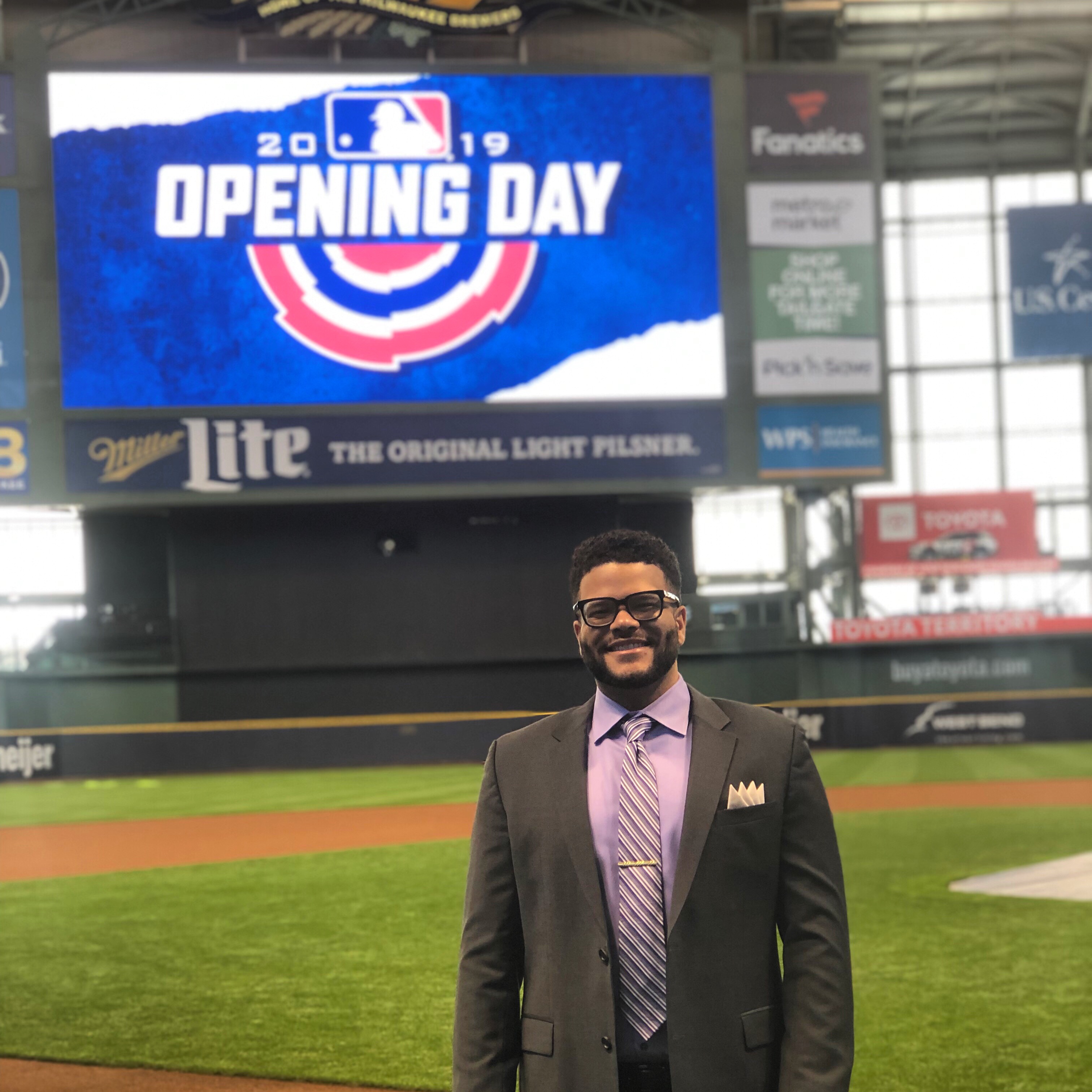 Mike Dairyko, Senior Manager of Data Science for the Milwaukee Brewers Baseball Club, at Miller Park on opening day in 2019. Photo courtesy of Danny Henken.