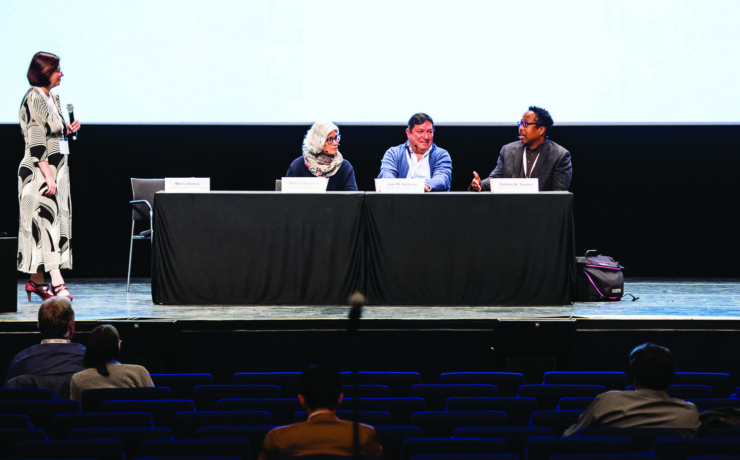 During the 2023 SIAM Conference on Computational Science and Engineering—which took place earlier this year in Amsterdam, the Netherlands—an engaging panel session explored strategies for the recruitment and retention of individuals from underrepresented minorities in order to diversify the workforce. From left to right: the panel was moderated by Maria Vlasiou (Eindhoven University of Technology) and included Malena Español (Arizona State University), Juan Restrepo (Oak Ridge National Laboratory), and Damian Rouson (Lawrence Berkeley National Laboratory). SIAM photo.