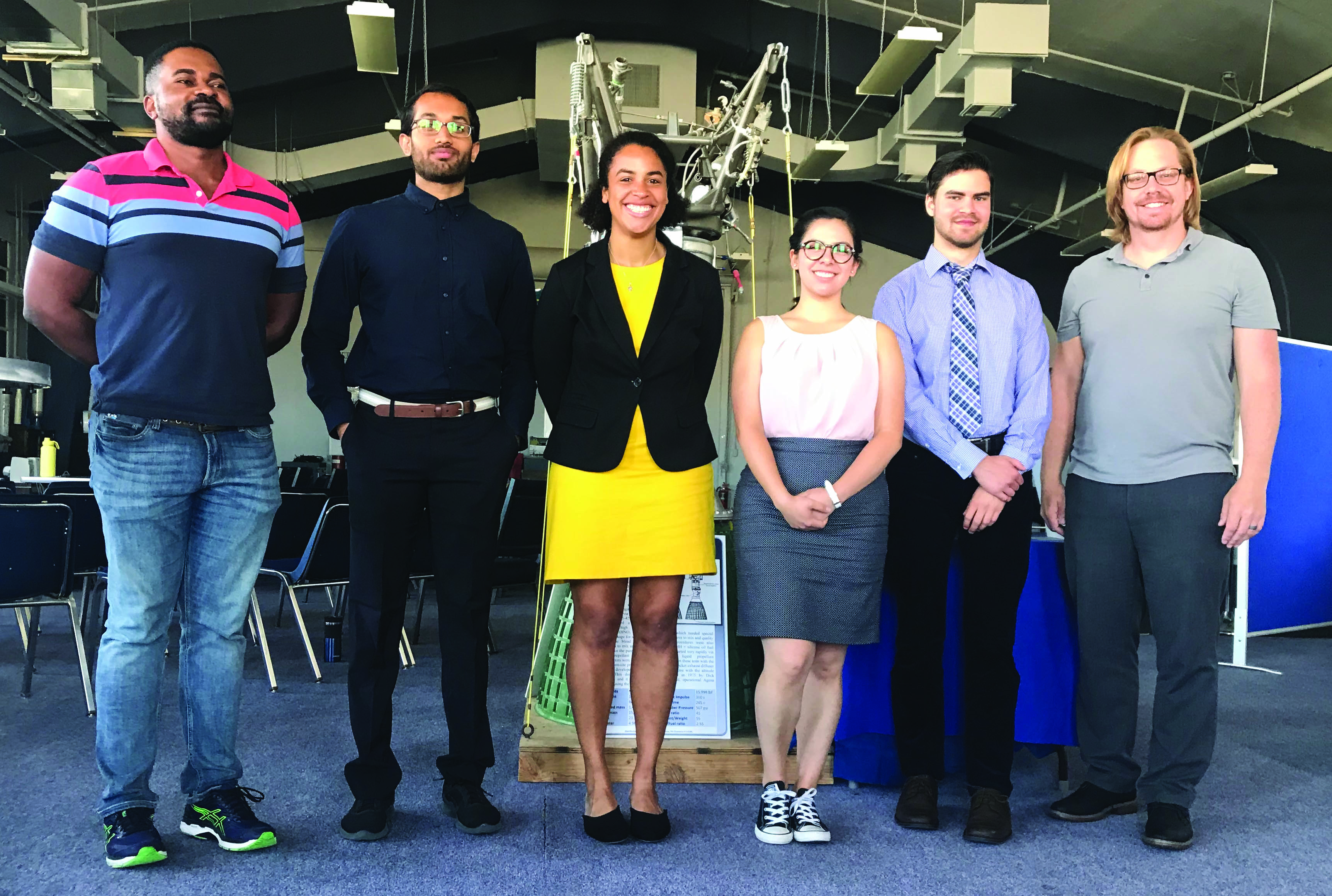 Site visit with the summer undergraduate mathematics interns who participated in an Air Force Research Laboratory (AFRL)-sponsored project for the Institute for Pure and Applied Mathematics’ (IPAM) 2019 Research in Industrial Projects for Students (RIPS) program. From left to right: Daniel Eckhardt, Abhishek Shivkumar, Brianna Fitzpatrick, Becks Lopez, Mykhaylo Malakhov, and Robert Martin. Photo courtesy of the 2019 IPAM RIPS AFRL team.