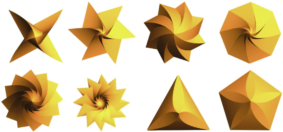 &lt;strong&gt;Figure 4.&lt;/strong&gt; Curved isometric origami designs that use circle groups for both the reference and deformed domains. Figure courtesy of [6].