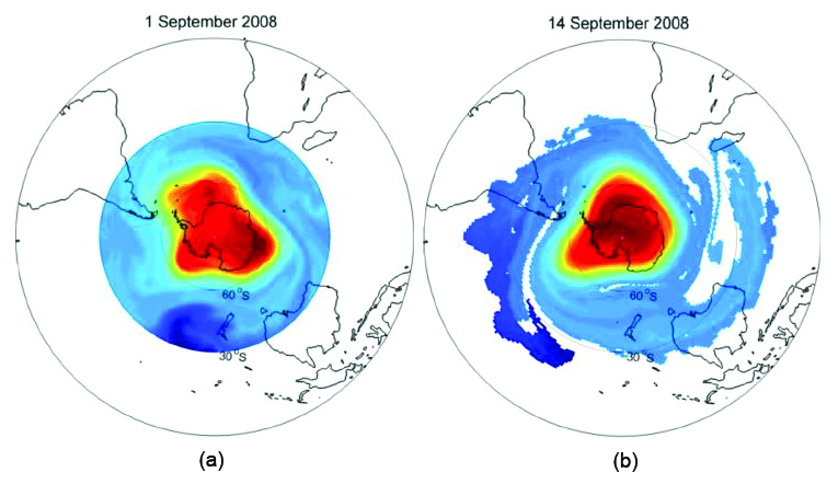 &lt;strong&gt;Figure 5.&lt;/strong&gt; Stratospheric flow over the South Pole. The Antarctic polar vortex is the most coherent set in the region over the polar cap and is identified as red in the second singular vector. &lt;strong&gt;5a.&lt;/strong&gt; Left singular vector (on September 1, 2008). &lt;strong&gt;5b.&lt;/strong&gt; Right singular vector (on September 14, 2008). Figure courtesy of [7].