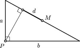 &lt;strong&gt;Figure 2.&lt;/strong&gt; &lt;em&gt;M&lt;/em&gt; is the midpoint of the hypotenuse of length &lt;em&gt;c&lt;/em&gt;, and &lt;em&gt;d&lt;/em&gt; is the distance from &lt;em&gt;M&lt;/em&gt; to the foot of the perpendicular.