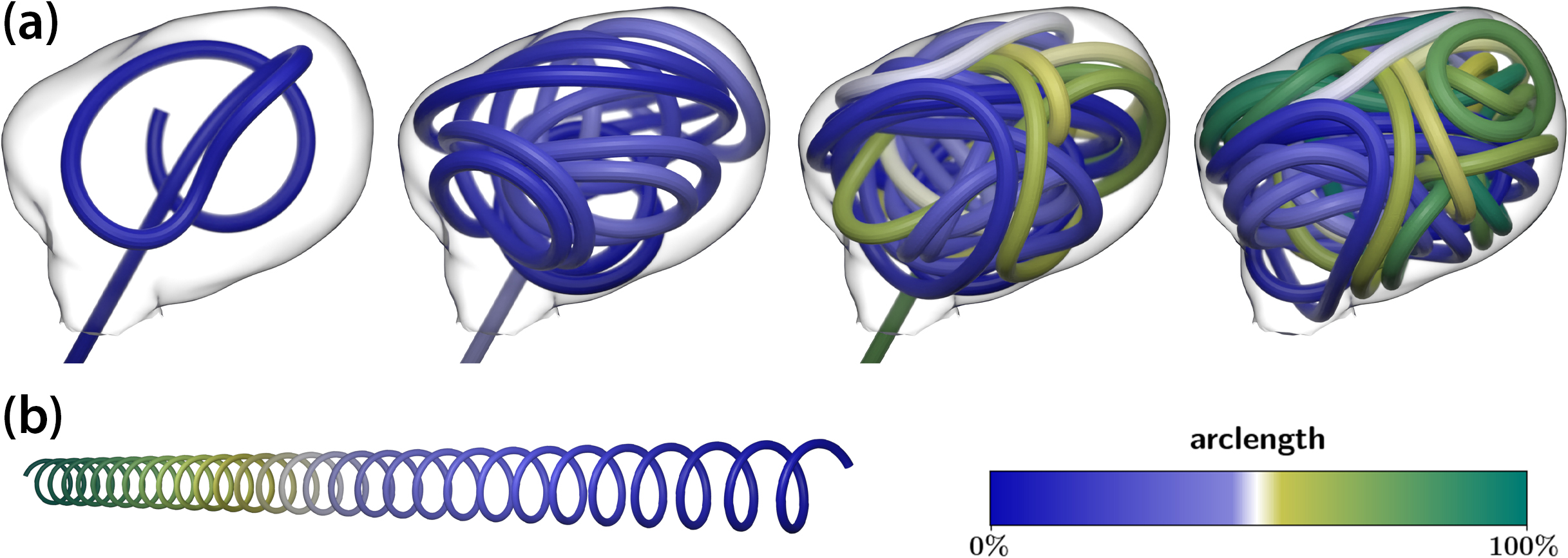 &lt;strong&gt;Figure 4.&lt;/strong&gt; Virtual coil insertion simulation of a helix coil. &lt;strong&gt;4a.&lt;/strong&gt; Time sequence of coil insertion simulation snapshots. In the last snapshot on the right, the microcatheter is removed. &lt;strong&gt;4b.&lt;/strong&gt; Natural helix shape of the coil. Figure courtesy of the authors.