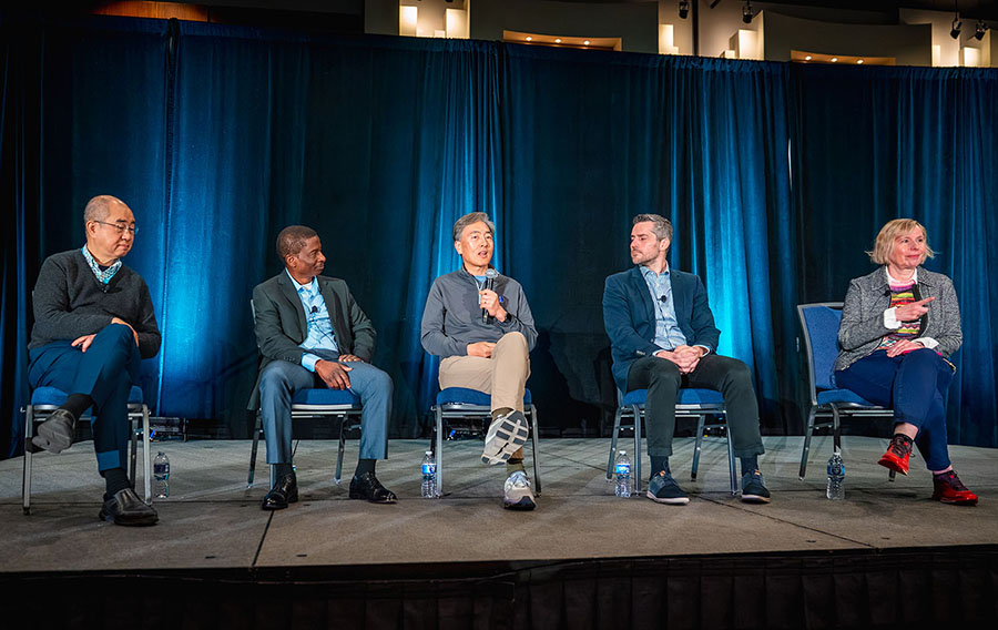During a forward-looking panel session at the 2025 SIAM Conference on Computational Science and Engineering (CSE25), which took place in March in Fort Worth, Texas, a group of educators and scientists envisioned future directions for CSE. From left to right: panelists Raymond Honfu Chan of Lingnan University; Gilles Gnacadja of Amgen; Jungsang Kim of Duke University; Boris Kramer of the University of California, San Diego; and moderator Orly Alter of Prism AI Therapeutics and the University of Utah. SIAM photo.
