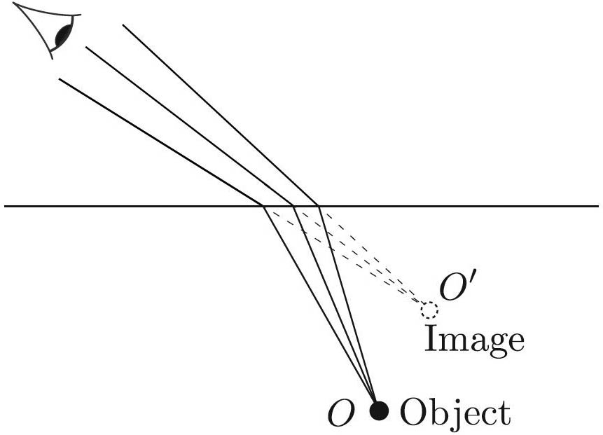 &lt;strong&gt;Figure 1.&lt;/strong&gt; The image of the object is the point from which the rays that reach the eye seem to emanate, at least to the leading order of accuracy. In reality, each dotted line is tangent to a caustic (see Figure 4) and it only looks like they come out of one point.