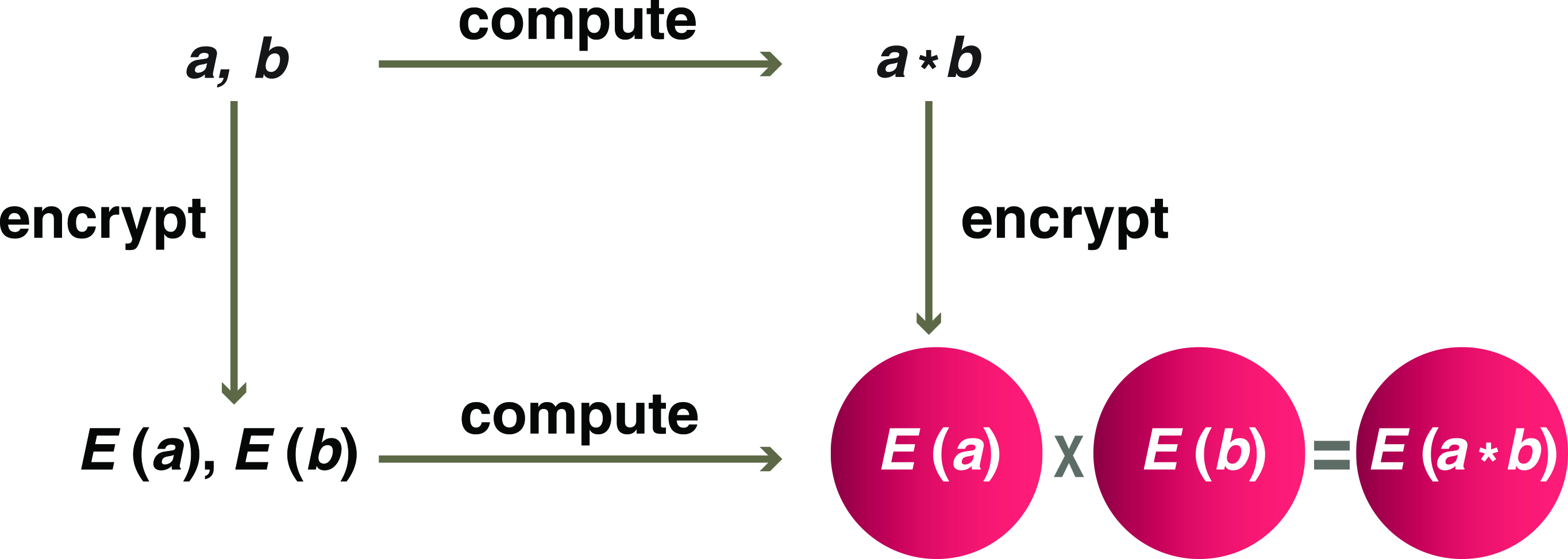 &lt;strong&gt;Figure 1.&lt;/strong&gt; Diagram of homomorphic encryption. If one begins with two pieces of data \(a\) and \(b\), the outcome is the same when following the arrows in either direction: across and then down (compute, then encrypt) or down and then across (encrypt, then compute). Figure courtesy of SIAM.