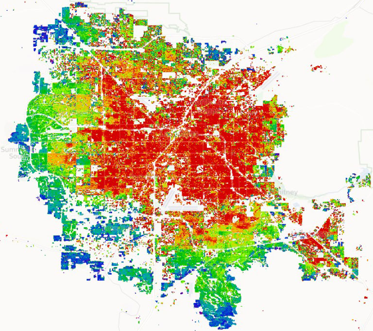 <strong>Figure 1.</strong> Map of Las Vegas, Nev., from the World Settlement Footprint Evolution dataset that depicts physical growth from 1985 to 2015. The colors indicate the years in which the data were collected. Figure courtesy of OpenStreetMap/German Aerospace Center/Earth Observation Center/NASA/U.S. Geological Survey.