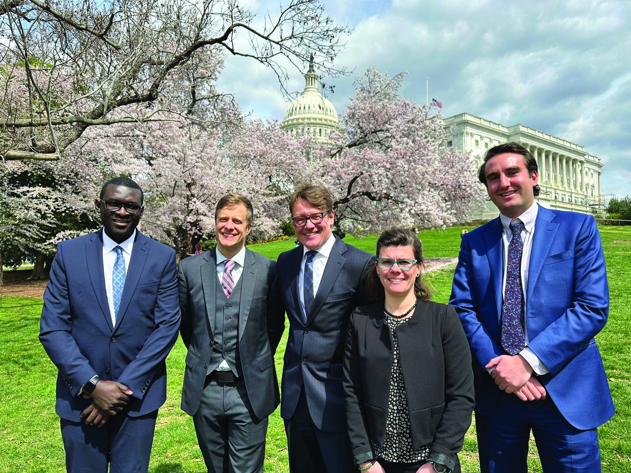 SIAM Science Policy Fellowship recipients attended the SIAM Committee on Science Policy spring meeting in Washington, D.C., this March to connect with policymakers and learn about budget and legislative processes that affect applied mathematicians and computational scientists. From left to right: 2023 SIAM Science Policy Fellow Bashir Mohammed (Intel), 2023 SIAM Science Policy Fellow Jeffrey Larson (Argonne National Laboratory), SIAM President Sven Leyffer (Argonne National Laboratory), 2023 SIAM Science Policy Fellow Julie Bessac (National Renewal Energy Laboratory), and Lewis-Burke senior associate Griffin Reinecke. Photo courtesy of the author.