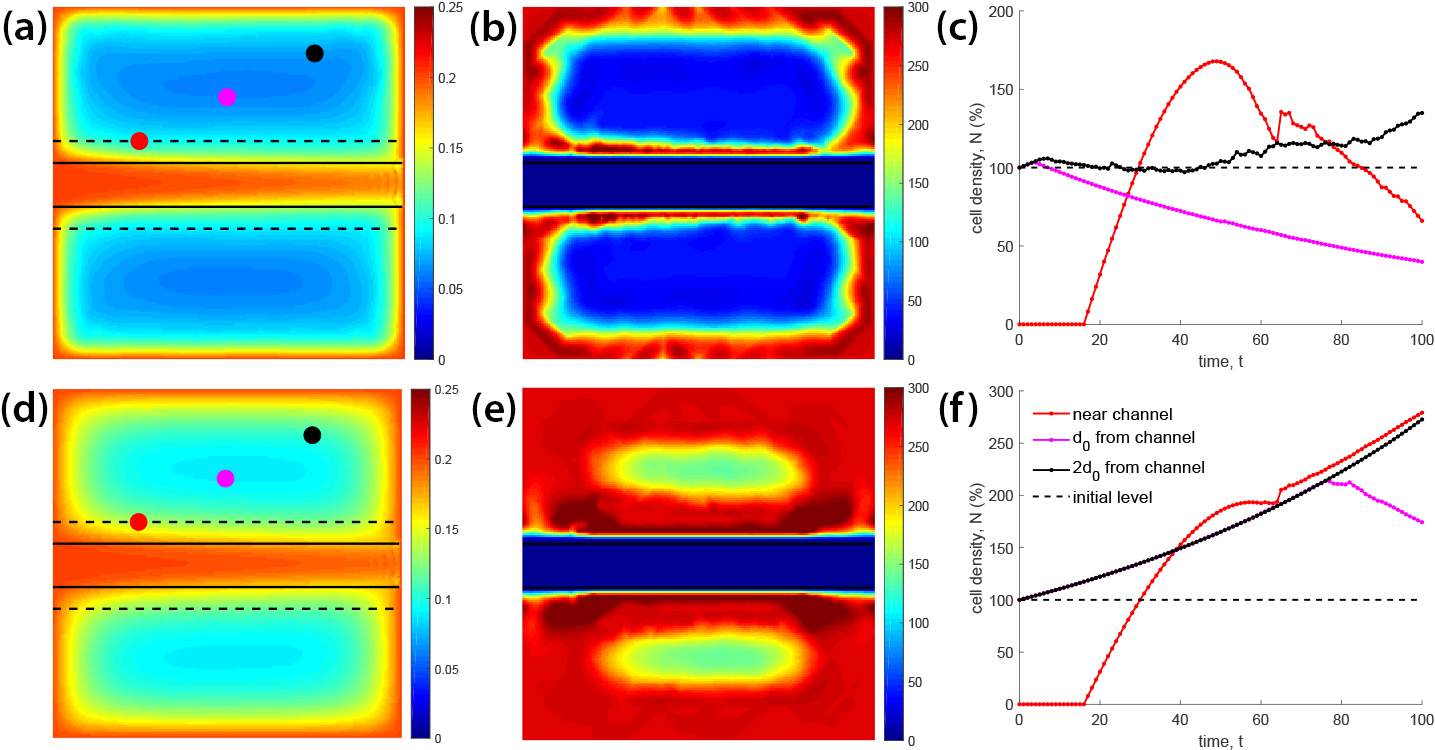 &lt;strong&gt;Figure 3.&lt;/strong&gt; Computational results for a two-dimensional toy problem on the single-channel model with high and low consumption rates. &lt;strong&gt;3a.&lt;/strong&gt; Concentration \(C(t_f)\) for high consumption. &lt;strong&gt;3b.&lt;/strong&gt; Cell density \(N(t_f)\) for high consumption. &lt;strong&gt;3c.&lt;/strong&gt; High consumption rate of \(\beta = 0.25\). &lt;strong&gt;3d.&lt;/strong&gt; Concentration \(C(t_f)\) for low consumption. &lt;strong&gt;3e.&lt;/strong&gt; Cell density \(N(t_f)\) for low consumption. &lt;strong&gt;3f.&lt;/strong&gt; Low consumption rate of \(\beta = 0.05\). Figure courtesy of the research lab of Vladislav Bukshtynov (unpublished data).