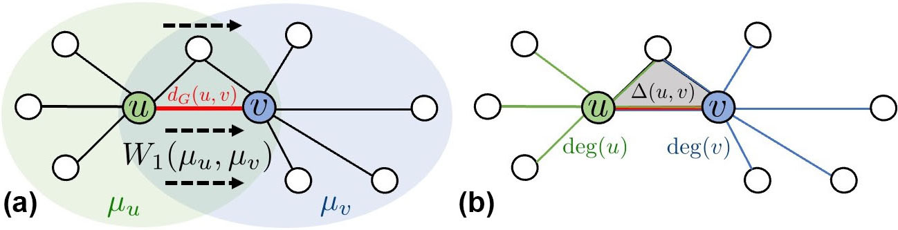 <strong>Figure 1.</strong> Two classical notions of Ricci curvature. <strong>1a.</strong> Computation of Ollivier-Ricci curvature. <strong>1b.</strong> Computation of Forman-Ricci curvature. Figure courtesy of the author.