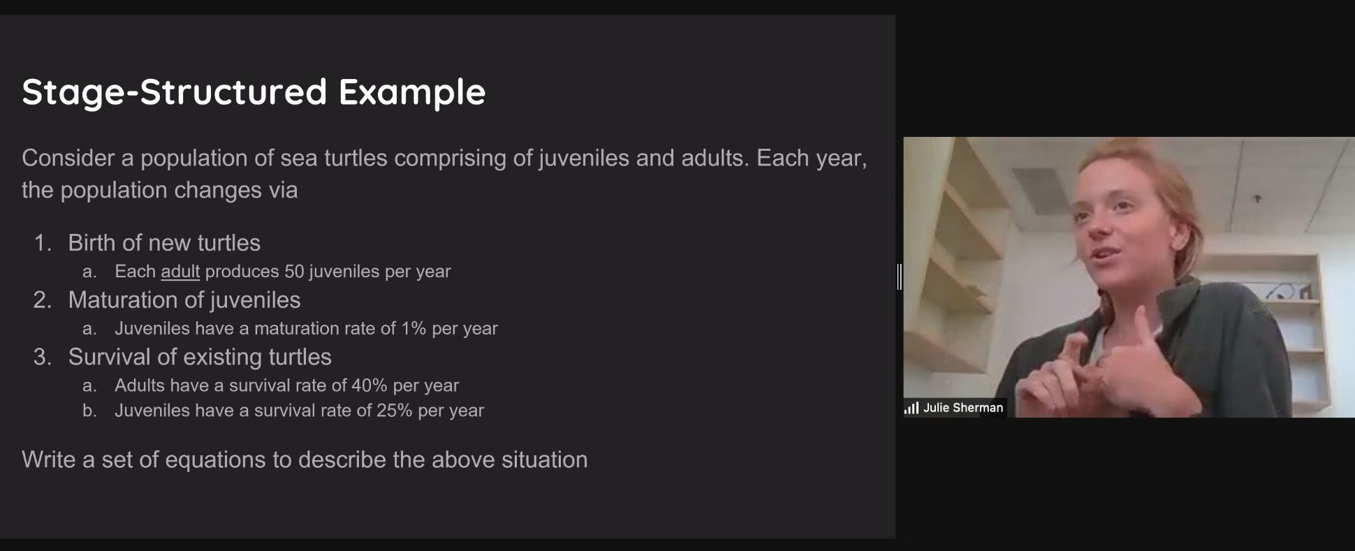 &lt;strong&gt;Figure 2.&lt;/strong&gt; Julie Sherman (University of Utah) speaks about difference/differential equations with an application to sea turtle population dynamics during the University of Utah’s math modeling workshop for high school students, which took place in the fall of 2021.